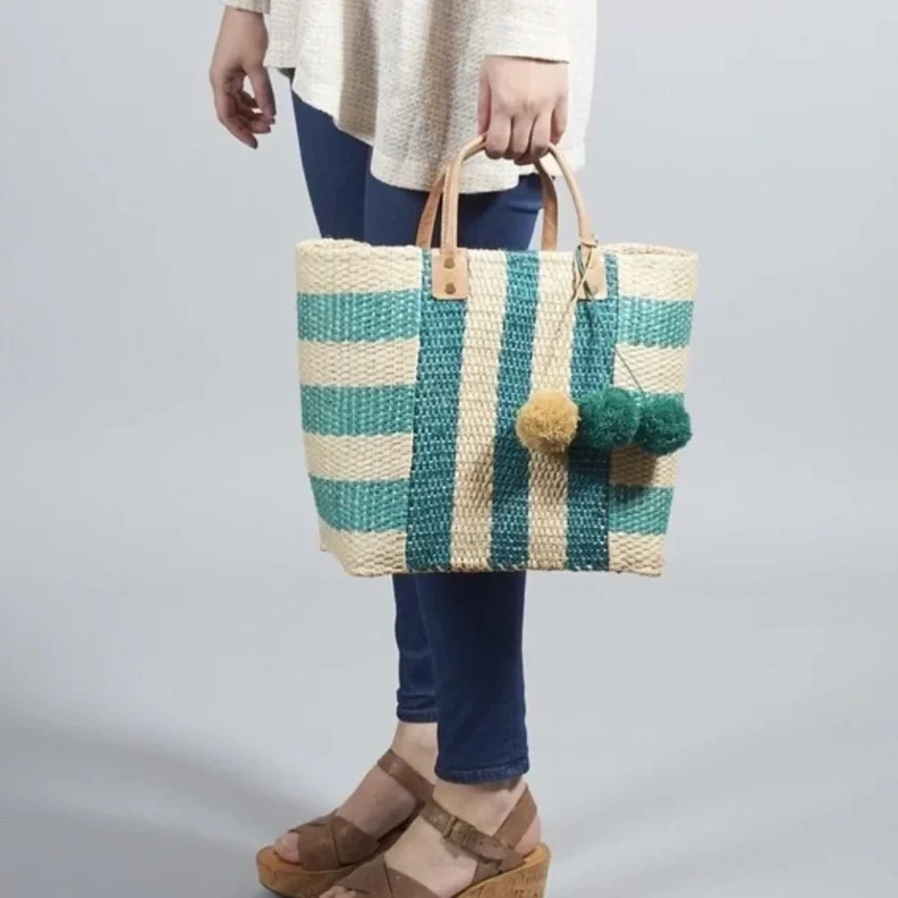 New mar y sol Aqua Tan Striped Woven Sea Grass Leather Handled Tote Beautiful - Picture 10 of 11